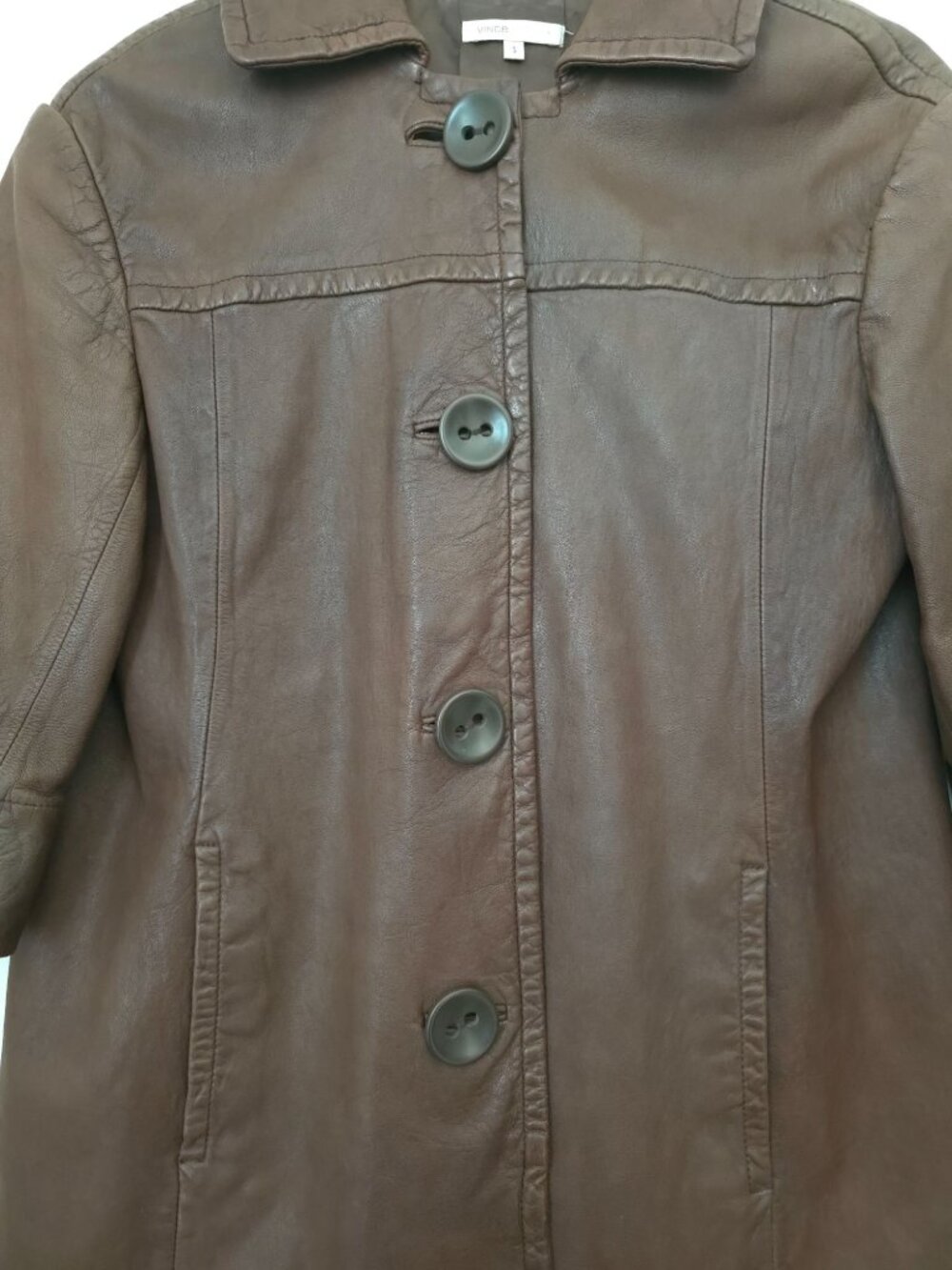 Vince Brown Leather 3/4 Sleeve Big Button-Front Coat Jacket Women's Size S - Picture 3 of 9